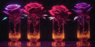 The primary subject of the image is a group of three pink roses in a vase. The setting is a dark room, and the visual style appears to be a digital art or illustration. The dominant colors are pink and purple, creating a romantic and elegant atmosphere.