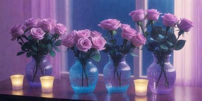 The primary subject of the image is a vase filled with purple roses. The setting is a table with a blue vase, and the visual style is a painting. The dominant colors are purple and blue, creating a calm and serene atmosphere.