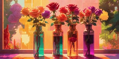 The primary subject of the image is a group of five vases filled with red and purple roses. The vases are arranged in a row, with each vase containing a different number of roses. The setting is a room with a pink wall, which provides a warm and inviting backdrop for the vases. The visual style of the image is a combination of photo and digital art, creating a realistic yet artistic representation of the vases and roses. The dominant colors in the image are red and purple