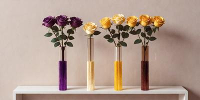 The primary subject of the image is a vase filled with yellow, purple, and orange roses. The vase is placed on a shelf, which serves as the setting for the scene. The visual style of the image is a close-up of the vase, showcasing the beautiful arrangement of the flowers. The colors and mood of the image are vibrant and cheerful, with the yellow, purple, and orange roses creating a warm and inviting atmosphere.