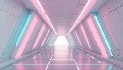 The primary subject of the image is a long, narrow hallway with a white surface. The setting is a futuristic environment, possibly a space station or a high-tech facility. The visual style is digital art, as the hallway appears to be a computer-generated or digitally rendered scene. The colors and mood of the image are predominantly white, giving it a clean and minimalist appearance.