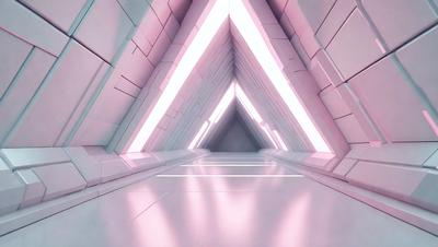 The primary subject of the image is a long, narrow hallway with a pink lighting effect. The setting is a white room with a tunnel-like structure, and the visual style appears to be a combination of photo and digital art. The dominant colors are pink and white, creating a warm and inviting atmosphere.