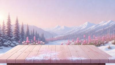 The primary subject of the image is a wooden deck with a pink flower pattern on it. The deck is located in a snowy mountain setting, with a beautiful mountain range in the background. The visual style of the image is a combination of photo and digital art, creating a unique and captivating scene. The dominant colors in the image are pink and white, giving the scene a warm and serene atmosphere.