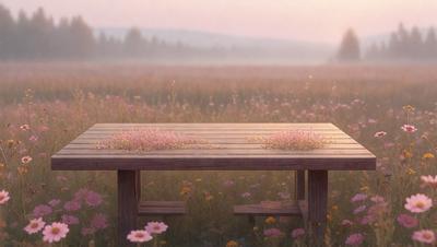 The primary subject of the image is a wooden bench with flowers on it, placed in a field of flowers. The setting is a beautiful, grassy field with a mountain in the background. The visual style is a combination of photo and digital art, creating a realistic yet artistic representation of the scene. The dominant colors are pink and purple, giving the image a serene and peaceful atmosphere.