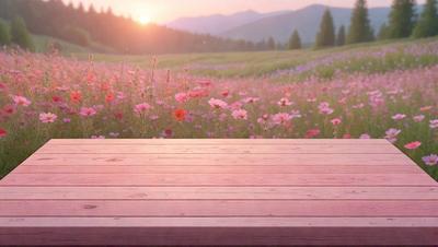 The primary subject of the image is a wooden bench situated in a beautiful, flower-filled field. The setting is a serene, natural environment with a grassy area and a variety of flowers, including pink and white ones. The visual style of the image is a photo, capturing the vibrant colors and the peaceful atmosphere of the scene. The dominant colors in the image are pink, white, and green, creating a warm and inviting mood.