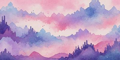 The primary subject of the image is a mountain range with a purple sky. The setting is a colorful, artistic landscape with a mix of pink, purple, and blue hues. The visual style is a combination of digital art and illustration, creating a unique and vibrant atmosphere. The colors and mood convey a sense of tranquility and beauty, as the mountains stand tall against the backdrop of the sky.