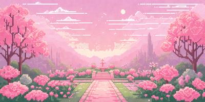 The primary subject of the image is a fountain located in a garden. The setting is a beautiful garden with a pink sky, and the visual style is a digital art or illustration. The colors and mood of the image are predominantly pink, creating a serene and peaceful atmosphere.