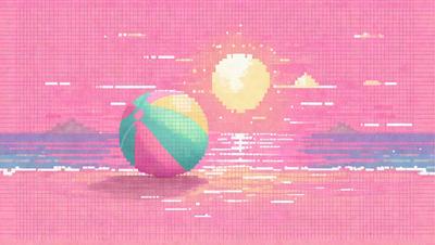 The primary subject of the image is a colorful beach ball, which is placed on a pink surface. The setting is a beach, with the sun shining brightly in the background. The visual style is a combination of digital art and illustration, creating a vibrant and lively atmosphere. The dominant colors are pink and yellow, which are associated with the beach and sun.