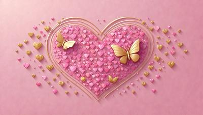 The primary subject of the image is a heart-shaped design featuring two gold butterfly decorations. The heart is pink, and the butterflies are gold. The setting is a pink background, and the visual style is a combination of digital art and illustration. The colors and mood of the image are warm and inviting, with the pink heart and gold butterflies creating a sense of love and affection.