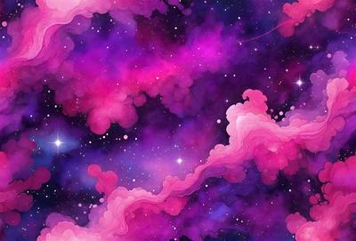 The primary subject of the image is a purple and pink nebula, which is a cloud of gas and dust in space. The setting is a space background, and the visual style is digital art. The dominant colors in the image are purple and pink, creating a vibrant and lively atmosphere.