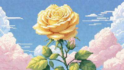 Primary subject: A yellow rose with green leaves.

Setting/background: A blue sky with clouds.

Visual style: Digital art.

Colors and mood: The yellow rose stands out against the blue sky, creating a vibrant and cheerful atmosphere.