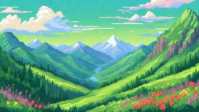 The image features a beautiful landscape with a lush green valley and a mountain range in the background. The valley is filled with a variety of flowers, creating a vibrant and colorful scene. The mountains are covered with snow, adding a touch of serenity to the overall atmosphere. The visual style of the image is a combination of digital art and illustration, creating a captivating and detailed representation of the valley and mountain range.