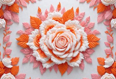 The primary subject of the image is a beautifully crafted paper flower, which is the focal point of the scene. The flower is made of paper and features a combination of orange and pink colors, giving it a warm and inviting appearance. The setting is a white surface, which provides a clean and uncluttered backdrop for the paper flower. The visual style of the image is a blend of artistic craftsmanship and digital art, as the paper flower is skillfully created and then digitally placed on the