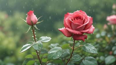 The primary subject of the image is a pair of red roses, with one rose being larger and the other being smaller. They are placed in a garden setting, surrounded by green leaves and a rainy atmosphere. The visual style of the image is a photo, capturing the beauty of the roses in their natural environment. The dominant colors in the image are red and green, creating a warm and inviting mood.