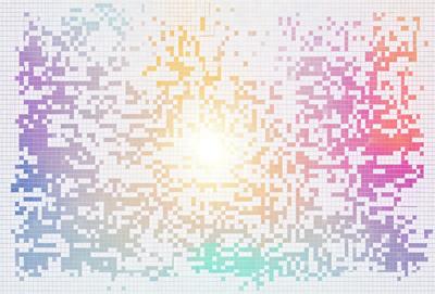 The primary subject of the image is a bright light, which appears to be a sun or a light source. The setting is a colorful, patterned background, possibly a digital art or illustration. The visual style suggests that the image is a digital art or illustration, with a vibrant and lively atmosphere. The colors and mood of the image are predominantly bright and cheerful, with a focus on the sun or light source as the main subject.