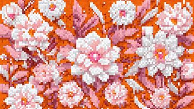 The primary subject of the image is a beautifully crafted digital artwork featuring a bouquet of pink flowers. The setting is an orange background, which adds a vibrant contrast to the pink flowers. The visual style is a combination of photo and digital art, creating a unique and eye-catching design. The colors and mood of the image are predominantly pink, which gives it a warm and inviting atmosphere.