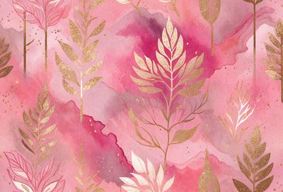 The primary subject of the image is a close-up of a leafy plant with gold accents. The setting is a pink background, which adds a vibrant and lively atmosphere to the scene. The visual style is a combination of digital art and illustration, creating a unique and eye-catching design. The colors and mood of the image are predominantly pink, which gives it a warm and inviting feel.
