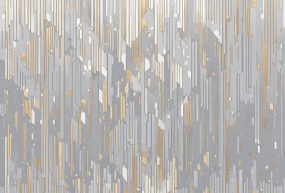 The primary subject of the image is a patterned wallpaper with a metallic texture. The setting is a room with a wall adorned with the patterned wallpaper. The visual style is a combination of digital art and illustration, creating a unique and intricate design. The dominant colors are silver and gold, giving the wallpaper a luxurious and elegant appearance.