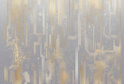 The primary subject of the image is a patterned wallpaper with a metallic texture. The setting is a room with a wall covered in this unique design. The visual style is a combination of digital art and illustration, creating a modern and sophisticated appearance. The dominant colors are gold and silver, giving the wallpaper a luxurious and elegant feel.
