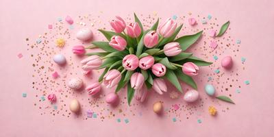The primary subject of the image is a bouquet of pink tulips. The setting is a pink background, which adds a warm and vibrant atmosphere to the scene. The visual style is a close-up of the flowers, showcasing their details and beauty. The colors and mood of the image are predominantly pink, creating a sense of freshness and elegance.