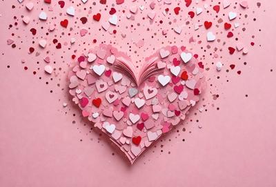 The primary subject of the image is a heart-shaped collage made of various pink and red hearts. The heart is the central focus of the scene, and it is placed on a pink background. The visual style of the image is a combination of digital art and illustration, as the hearts are arranged in a creative and artistic manner. The dominant colors in the image are pink and red, which evoke a warm and romantic atmosphere.