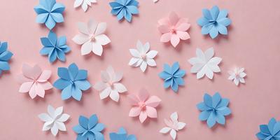 The primary subject of the image is a collection of paper flowers, predominantly blue and pink, arranged on a pink background. The flowers are made from paper and are placed in various positions, creating a visually appealing and artistic display. The setting is a pink surface, which serves as a backdrop for the paper flowers. The visual style of the image is a combination of digital art and illustration, as the paper flowers are skillfully crafted and arranged to create a vibrant and eye-catching display
