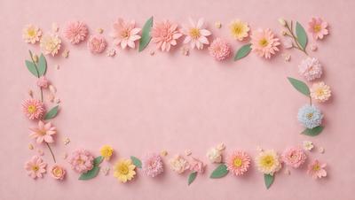 The primary subject of the image is a pink background with a row of flowers, including pink and yellow ones, arranged in a pattern. The flowers are placed in various positions, creating a visually appealing and colorful display. The setting appears to be a pink surface, which adds to the overall mood and aesthetic of the image. The visual style of the image is a combination of photo and digital art, as it captures the beauty of the flowers and their arrangement on the pink background.