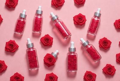The primary subject of the image is a close-up of a bottle of red liquid, likely a rose-scented perfume or lotion. The setting is a pink background, which adds a touch of color and warmth to the scene. The visual style is a close-up of the bottle, showcasing its details and texture. The colors and mood of the image are predominantly pink and red, creating a sense of warmth and romance.