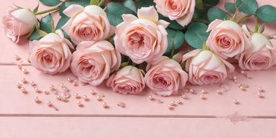 The primary subject of the image is a bouquet of pink roses. The setting is a pink table, and the visual style is a photo. The dominant colors are pink and white, creating a warm and romantic atmosphere.