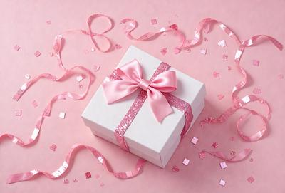 The primary subject of the image is a white box with a pink bow on top. The box is placed on a pink background, which adds a warm and feminine touch to the scene. The visual style of the image is a close-up of the box, showcasing the details of the bow and the box itself. The colors and mood of the image are predominantly pink, creating a sense of warmth and elegance.