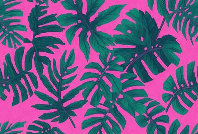 The image features a pink background with a pattern of green leaves. The leaves are large and spread across the background, creating a visually appealing and lively scene. The combination of pink and green gives the image a vibrant and fresh appearance.
