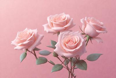 The primary subject of the image is a bouquet of three pink roses. The setting is a pink background, which creates a warm and inviting atmosphere. The visual style is a photo, capturing the beauty of the roses in their natural environment. The colors and mood of the image are predominantly pink, evoking feelings of love, romance, and elegance.