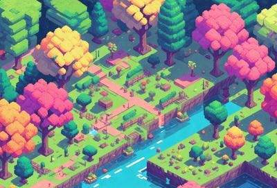 The primary subject of the image is a colorful, digital art depiction of a garden with a pond. The setting includes a variety of trees, plants, and flowers, creating a lush and vibrant atmosphere. The visual style is a mix of digital art and illustration, with a focus on the intricate details of the garden and its elements. The colors and mood are predominantly warm and inviting, with a sense of tranquility and beauty.