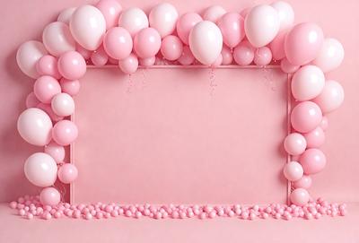 The primary subject of the image is a pink frame with balloons hanging from it. The setting is a pink background, and the visual style is a combination of photo and digital art. The colors and mood of the image are predominantly pink, creating a warm and inviting atmosphere.