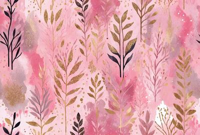 The primary subject of the image is a pattern of pink and gold flowers. The setting is a pink background, and the visual style is a combination of digital art and illustration. The dominant colors are pink and gold, creating a warm and inviting atmosphere.