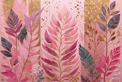 The primary subject of the image is a large, colorful leaf with a pink background. The leaf is the main focus of the image, and it is displayed prominently in the foreground. The setting is a pink background, which adds a vibrant and lively atmosphere to the scene. The visual style of the image is a combination of digital art and illustration, creating a unique and eye-catching design. The colors and mood of the image are predominantly pink, which gives it a warm and