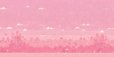 The primary subject of the image is a cityscape with buildings and a sky background. The setting is a pink sky, which gives the scene a unique and artistic visual style. The image is a digital art or illustration, showcasing the artist's creativity and imagination. The dominant colors are pink and white, creating a warm and dreamy atmosphere.