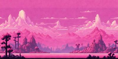 The primary subject of the image is a pink landscape with a mountain range in the background. The setting is a pink sky, and the visual style appears to be a digital art or illustration. The colors and mood of the image are predominantly pink, creating a warm and inviting atmosphere.