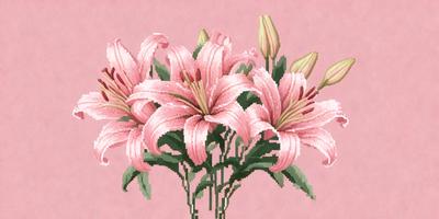 The primary subject of the image is a bouquet of pink lilies. The setting is a pink background, which adds a warm and inviting atmosphere to the scene. The visual style is a combination of digital art and illustration, creating a vibrant and detailed representation of the flowers. The colors and mood of the image are predominantly pink, which symbolizes love, affection, and warmth.