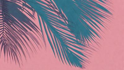 The primary subject of the image is a close-up of a palm tree with a pink background. The setting is a tropical environment, and the visual style appears to be a digital art or illustration. The dominant colors in the image are pink and blue, creating a vibrant and lively atmosphere.