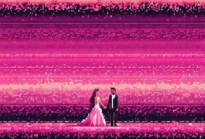 The primary subject of the image is a man and a woman, both dressed in formal attire, standing together and holding hands. The man is wearing a tie, and the woman is wearing a dress. They are positioned in front of a pink background, which adds a vibrant and romantic touch to the scene. The visual style of the image is a digital art or illustration, with a focus on the couple's connection and the pink hue that creates a warm and inviting atmosphere.