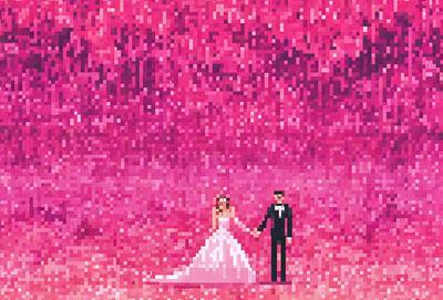 The primary subject of the image is a man and a woman, both dressed in formal attire, standing together in a pink and purple digital art setting. The man is wearing a tie, and the woman is wearing a dress. The visual style of the image is digital art, and the colors and mood are predominantly pink and purple, creating a romantic and elegant atmosphere.