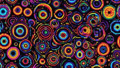 The primary subject of the image is a colorful, geometric pattern featuring a mix of blue, yellow, and orange colors. The pattern is composed of various shapes, including circles and other geometric forms, creating a visually appealing and vibrant design. The setting appears to be a digital artwork or illustration, as the colors and patterns are intricately arranged and well-defined. The overall atmosphere of the image is lively and energetic, with the bright colors and dynamic shapes evoking a sense of movement and creativity