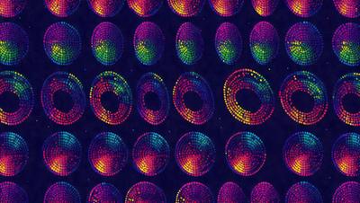 The primary subject of the image is a pattern of circles, which are arranged in a visually appealing manner. The setting is a dark background, which contrasts with the bright colors of the circles. The visual style is a combination of digital art and illustration, creating a unique and eye-catching design. The dominant colors are a mix of purple, orange, and yellow, giving the pattern a vibrant and lively appearance.