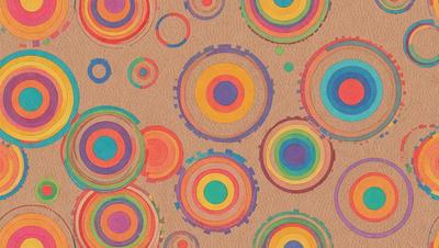 The primary subject of the image is a pattern of colorful circles, which are arranged on a wooden surface. The setting is a room with a wooden floor, and the visual style is a combination of digital art and illustration. The dominant colors in the image are orange, yellow, and purple, creating a vibrant and lively atmosphere.