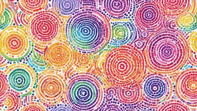 The primary subject of the image is a colorful, geometric pattern made up of various shapes and colors. The setting is a colorful, patterned surface, which could be a wallpaper, a fabric, or a painting. The visual style is a combination of digital art and illustration, creating a vibrant and lively atmosphere. The dominant colors are a mix of red, yellow, green, and blue, which contribute to the overall mood of the image.