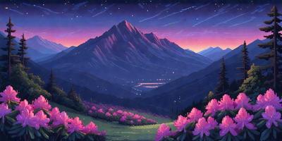 The primary subject of the image is a beautiful mountain range with a purple hue. The setting is a lush green field with a purple flower field, creating a serene and picturesque scene. The visual style is an illustration or digital art, giving the image a vibrant and artistic appearance. The dominant colors are purple and green, creating a calming and peaceful atmosphere.
