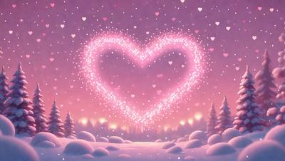 The primary subject of the image is a heart-shaped display of lights, which is set against a snowy background. The heart is illuminated with a pink glow, creating a warm and inviting atmosphere. The visual style of the image is a combination of digital art and illustration, with the heart being a prominent and eye-catching focal point. The colors and mood of the image are predominantly pink and cozy, evoking feelings of love and warmth.