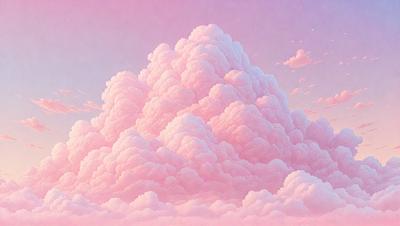 The primary subject of the image is a large, pink, fluffy cloud. The cloud is the main focus of the image, and it is set against a purple sky. The visual style of the image is digital art, as it appears to be a painting or drawing of a cloud. The dominant colors in the image are pink and purple, creating a warm and inviting atmosphere.