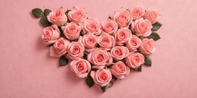 The primary subject of the image is a bouquet of pink roses. The roses are arranged in a heart shape, creating a visually appealing and romantic display. The setting is a pink background, which complements the roses and adds to the overall mood of the image. The visual style is a close-up of the bouquet, showcasing the details of the roses and their arrangement. The colors and mood of the image are predominantly pink, which is often associated with love,